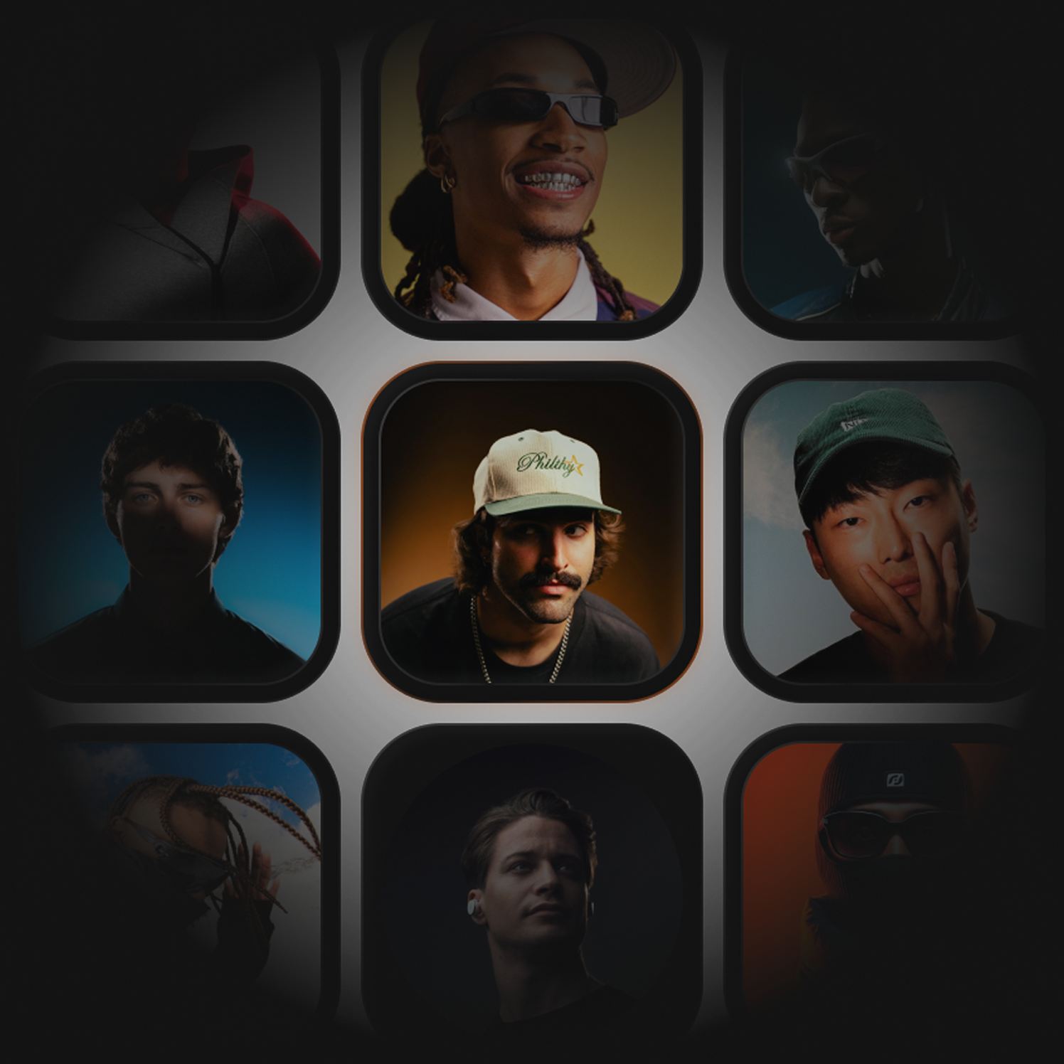 3×3 grid of author portraits with one highlighted in the centre